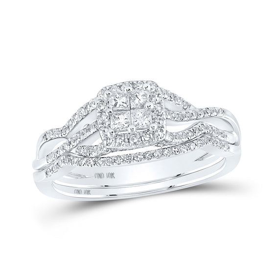 10k White Gold Princess Diamond Square Bridal Wedding Ring Band Set 1/2 Cttw
