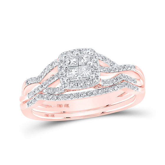 10k Rose Gold Princess Diamond Square Bridal Wedding Ring Band Set 1/2 Cttw