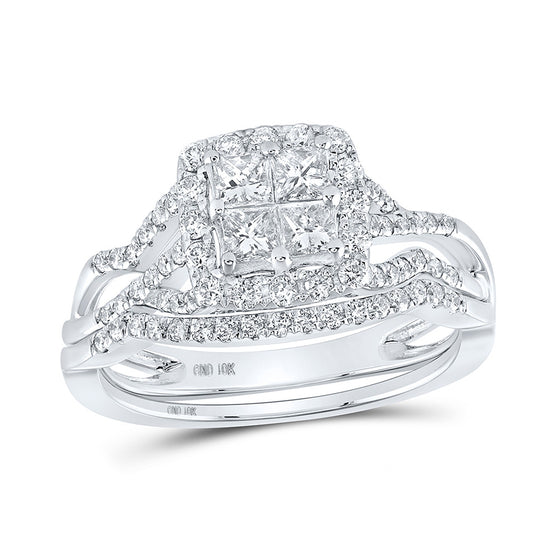 10k White Gold Princess Diamond Square Bridal Wedding Ring Band Set 1 Cttw