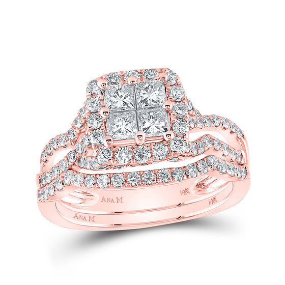 14k Rose Gold Princess Diamond Square Bridal Wedding Ring Band Set 1-1/2 Cttw