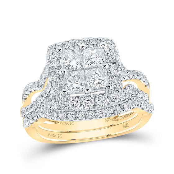 14k Yellow Gold Princess Diamond Square Bridal Wedding Ring Band Set 2 Cttw