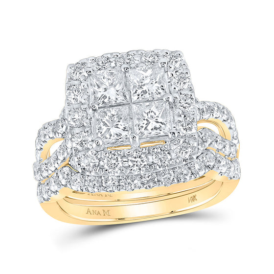 14k Yellow Gold Princess Diamond Square Bridal Wedding Ring Band Set 3 Cttw