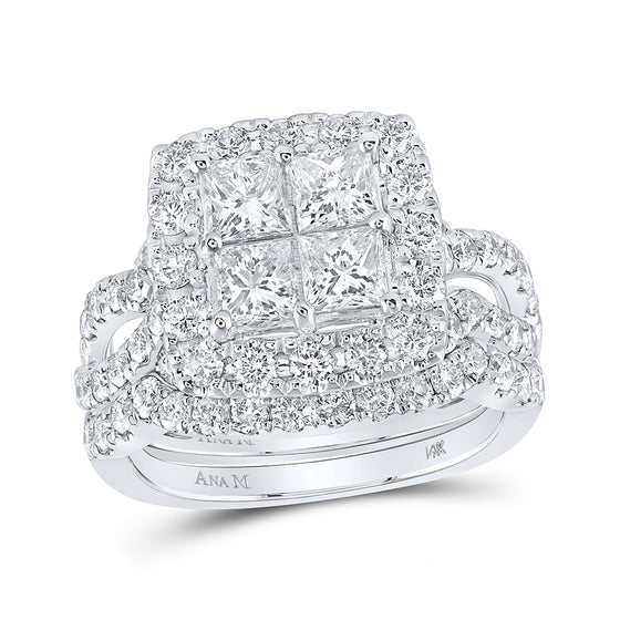 14k White Gold Princess Diamond Square Bridal Wedding Ring Band Set 3 Cttw
