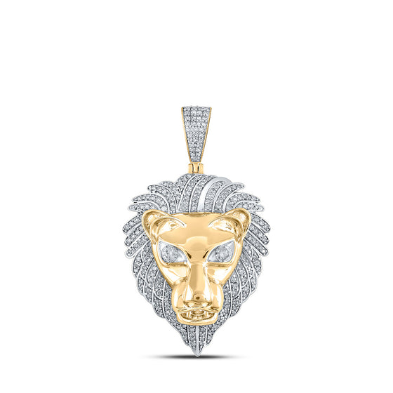 10k Yellow Gold Mens Round Diamond Lion Face Charm Pendant 1-1/3 Cttw