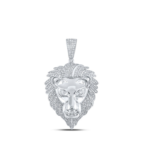 10k White Gold Mens Round Diamond Lion Face Charm Pendant 1-1/3 Cttw