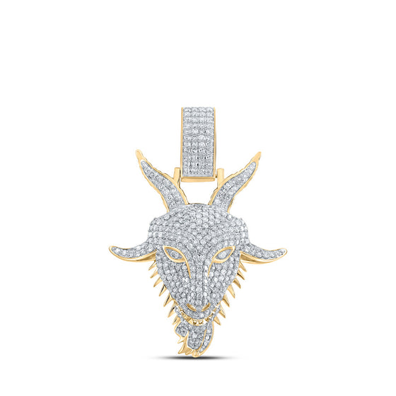 10k Yellow Gold Mens Round Diamond Goat Face Charm Pendant 1-1/2 Cttw