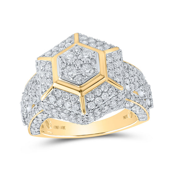 10k Yellow Gold Mens Round Diamond Hexagon Cluster Ring 3-5/8 Cttw