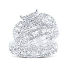  Sterling Silver His Hers Round Diamond Square Matching Wedding Set 1 Cttw