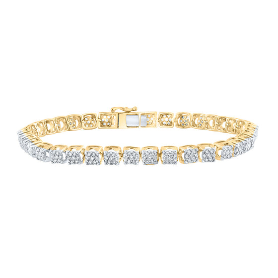 14k Yellow Gold Womens Round Diamond Flower Cluster Tennis Bracelet 3 Cttw