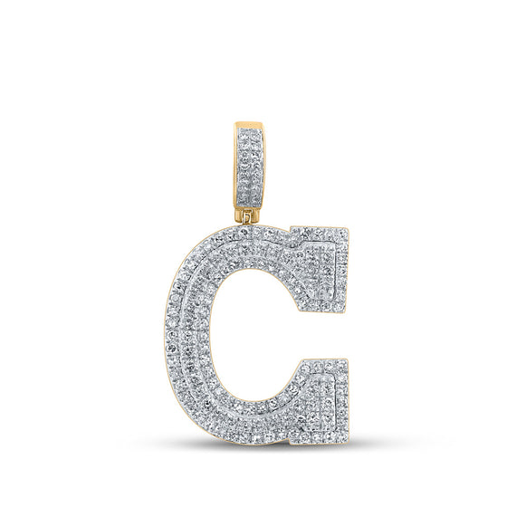 14k Yellow Gold Mens Round Diamond C Initial Letter Charm Pendant 1-5/8 Cttw