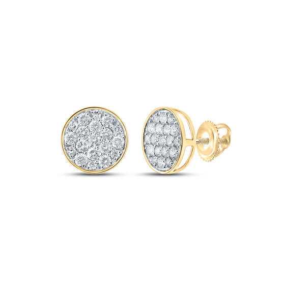 14k Yellow Gold Round Diamond Button Cluster Earrings 1/2 Cttw