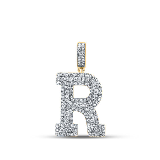14k Yellow Gold Mens Round Diamond R Initial Letter Charm Pendant 1-7/8 Cttw