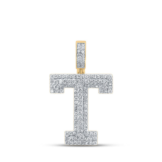 14k Yellow Gold Mens Round Diamond T Initial Letter Charm Pendant 1-1/2 Cttw
