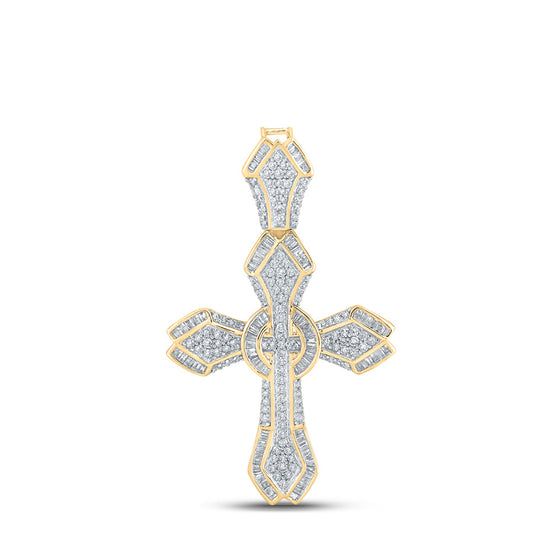 14k Yellow Gold Mens Baguette Diamond Cross Charm Pendant 1-5/8 Cttw
