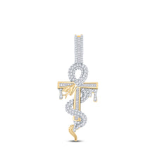  14k Yellow Gold Mens Baguette Diamond Ankh Cross Snake Charm Pendant 1-1/5 Cttw