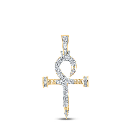 14k Yellow Gold Mens Baguette Diamond Nail Cross Charm Pendant 3/4 Cttw