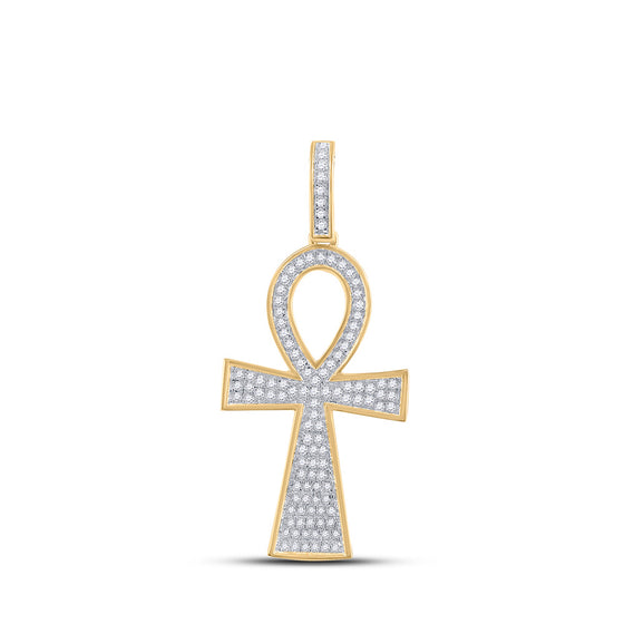 14k Yellow Gold Mens Round Diamond Ankh Cross Charm Pendant 1/3 Cttw