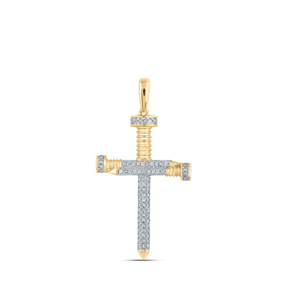 14k Yellow Gold Mens Round Diamond Nail Cross Charm Pendant 1/3 Cttw