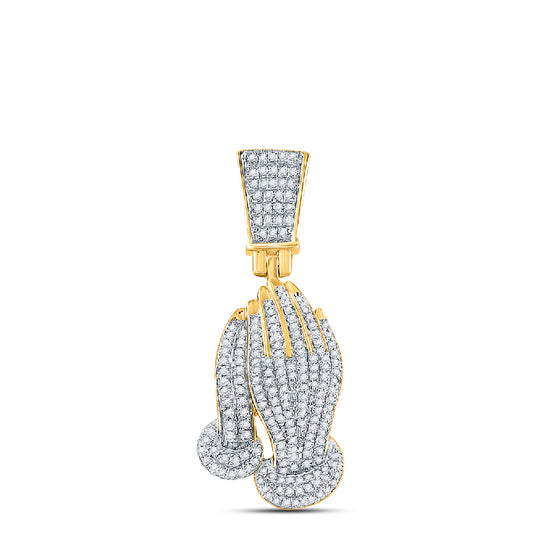 14k Yellow Gold Mens Round Diamond Prayer Hands Charm Pendant 3/8 Cttw
