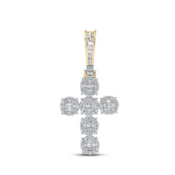 14k Yellow Gold Mens Baguette Diamond Cross Charm Pendant 1-3/4 Cttw