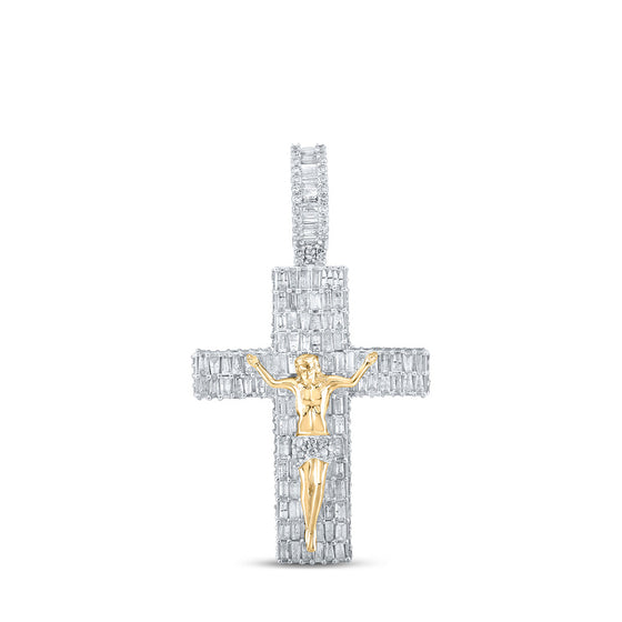 14k Yellow Gold Mens Baguette Diamond Jesus Cross Crucifix Pendant 3-7/8 Cttw