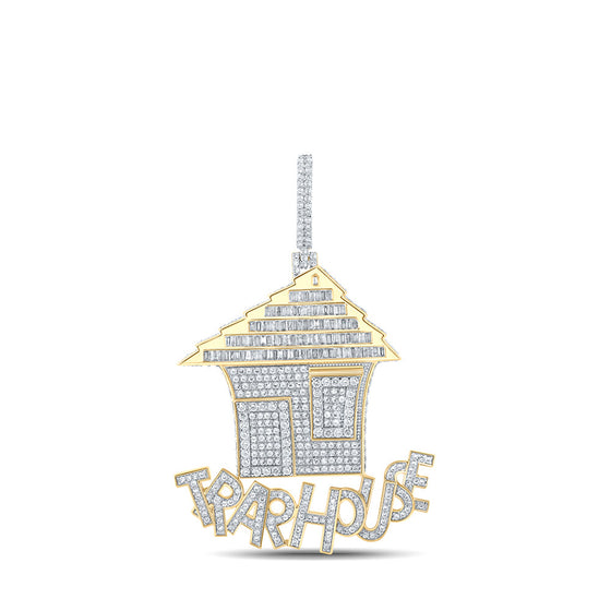 14k Yellow Gold Mens Baguette Diamond TRAP HOUSE Charm Pendant 4-3/8 Cttw