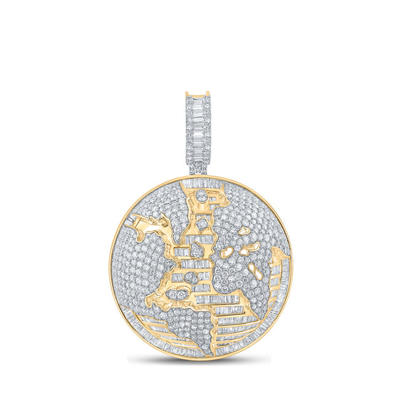 14k Yellow Gold Mens Baguette Diamond Earth Globe Charm Pendant 7-3/4 Cttw
