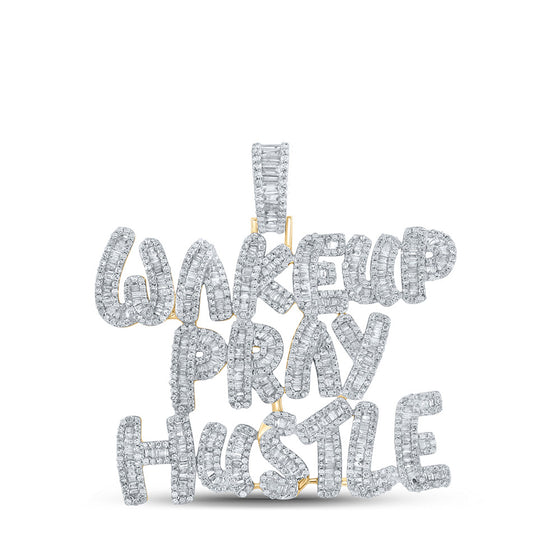 14k Yellow Gold Mens Baguette Diamond WAKE UP PRAY HUSTLE Charm Pendant 3-3/4 Cttw