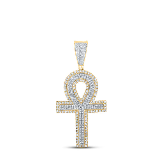 14k Two-tone Gold Mens Round Diamond Cross Charm Pendant 7/8 Cttw