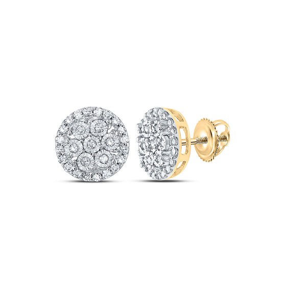 14k Yellow Gold Round Diamond Circle Cluster Earrings 1/4 Cttw