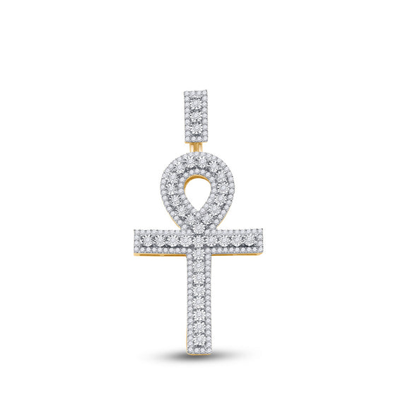 14k Yellow Gold Mens Round Diamond Ankh Cross Charm Pendant 1 Cttw