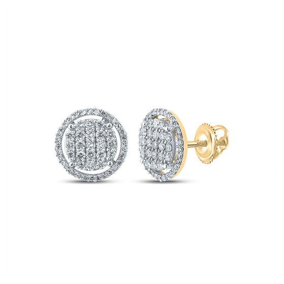 14k Yellow Gold Round Diamond Circle Cluster Earrings 3/4 Cttw