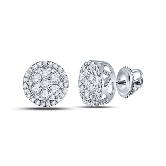 14k White Gold Round Diamond Cluster Earrings 1/2 Cttw