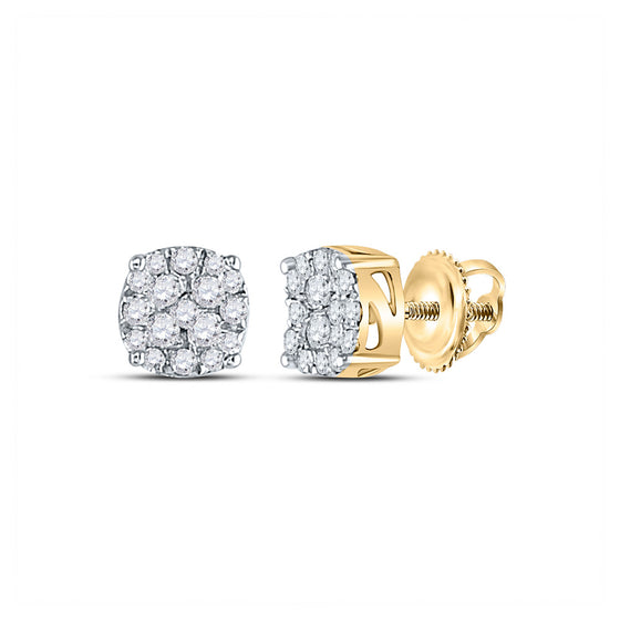 14k Yellow Gold Round Diamond Cluster Earrings 1/4 Cttw