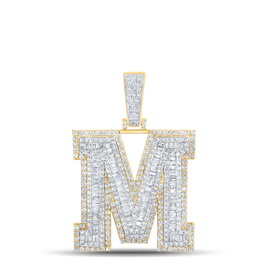 14k Two-tone Gold Mens Baguette Diamond M Initial Letter Charm Pendant 2-7/8 Cttw