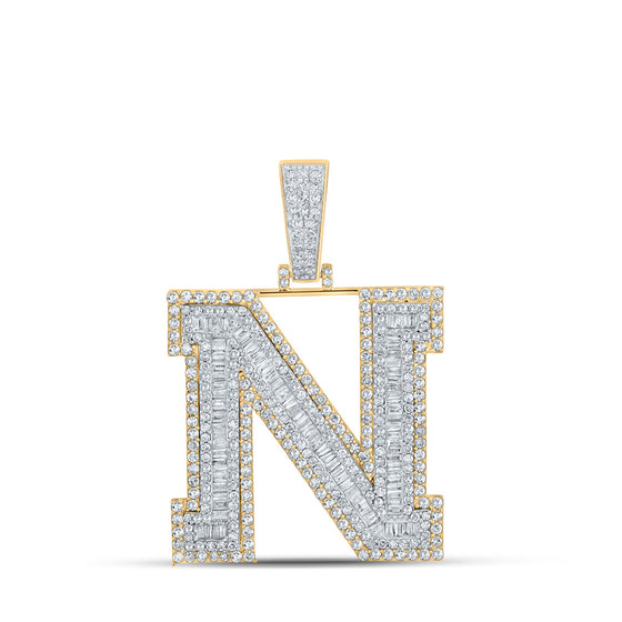 14k Two-tone Gold Mens Baguette Diamond N Initial Letter Charm Pendant 2-5/8 Cttw