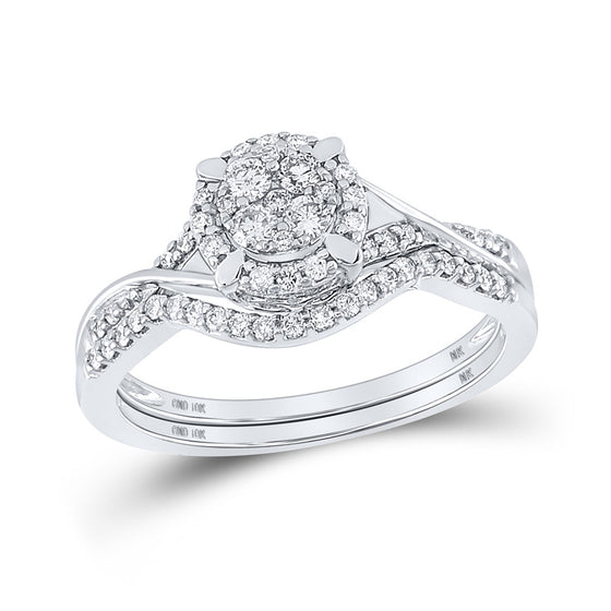 10k White Gold Round Diamond Cluster Bridal Wedding Ring Band Set 3/8 Cttw