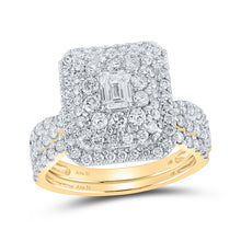  14k Yellow Gold Emerald Diamond Halo Bridal Wedding Ring Band Set 1-3/4 Cttw