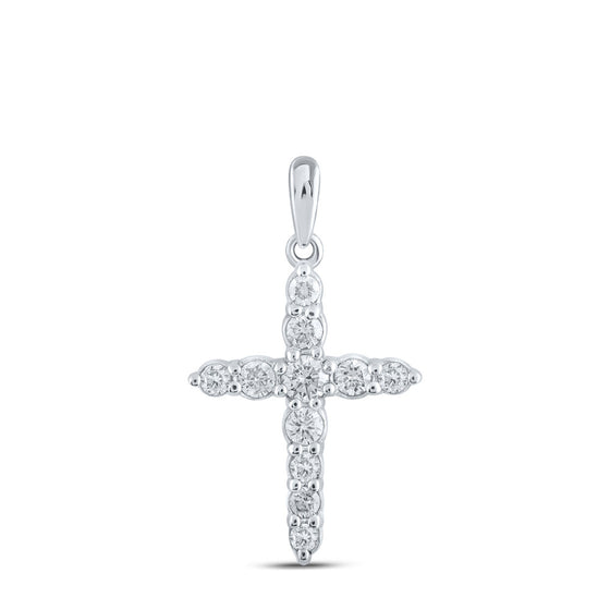 10k White Gold Womens Round Diamond Cross Pendant 3/8 Cttw