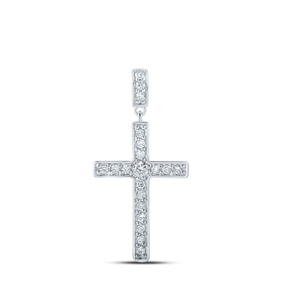 10k White Gold Womens Round Diamond Cross Pendant 1/2 Cttw