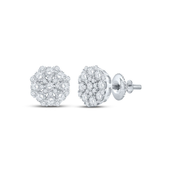 10k White Gold Womens Round Diamond Octagon Cluster Earrings 7/8 Cttw