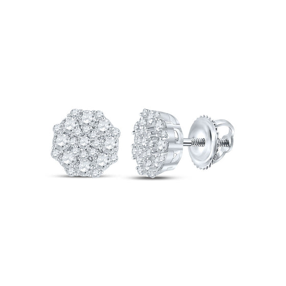 14k White Gold Womens Round Diamond Cluster Earrings 5/8 Cttw