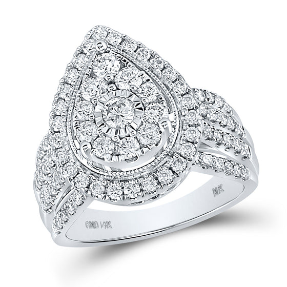 14k White Gold Round Diamond Pear-shape Cluster Bridal Wedding Engagement Ring 1-1/2 Cttw