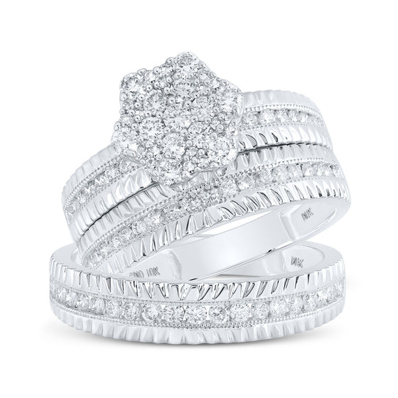 10k White Gold His Hers Round Diamond Cluster Matching Wedding Set 1 Cttw