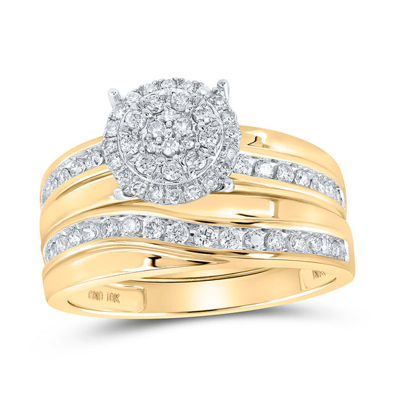 10k Yellow Gold His Hers Round Diamond Cluster Matching Wedding Set 1 Cttw