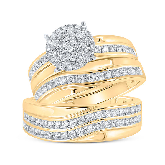 10k Yellow Gold His Hers Round Diamond Cluster Matching Wedding Set 1 Cttw