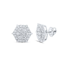  10k White Gold Womens Round Diamond Hexagon Cluster Earrings 1 Cttw