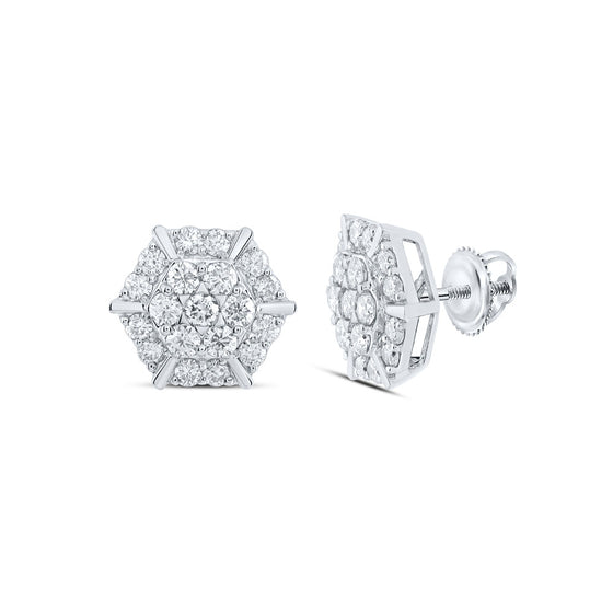 10k White Gold Womens Round Diamond Hexagon Cluster Earrings 1 Cttw