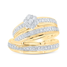  10k Yellow Gold His Hers Round Diamond Cluster Matching Wedding Set 1 Cttw
