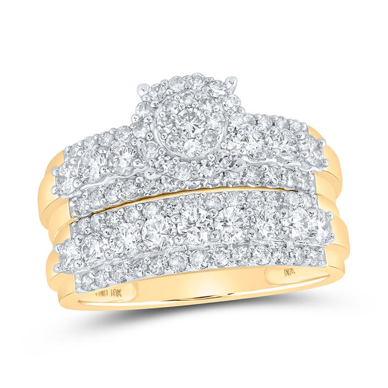 10k Yellow Gold His Hers Round Diamond Cluster Matching Wedding Set 2-5/8 Cttw